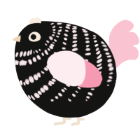 A black and rose chicken with a bar pattern