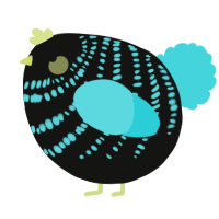 A black and aqua chicken with a bar pattern