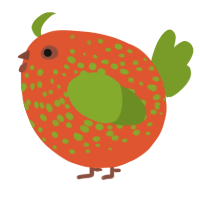 A vermilion and chartreuse chicken with a speckle pattern