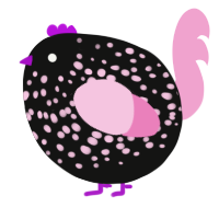A black and pink chicken with a speckle pattern