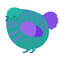 A turquoise and blurple chicken with a bar pattern