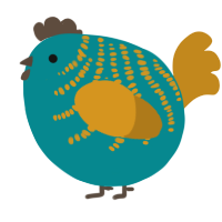 A teal and ochre chicken with a half-bar pattern