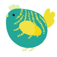 A turquoise and yellow chicken with a half-bar pattern