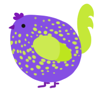 A blurple and lime chicken with a speckle pattern