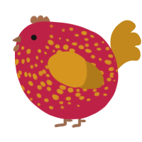 A crimson and ochre chicken with a speckle pattern