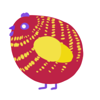 A crimson and yellow chicken with a bar pattern