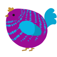 A plum and cerulean chicken with a bar pattern