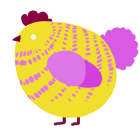 A yellow and orchid chicken with a bar pattern