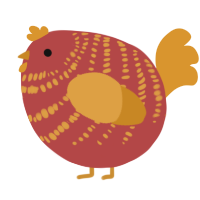 A red and orange chicken with a bar pattern
