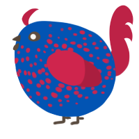 A ultramarine and crimson chicken with a speckle pattern