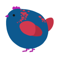 A ultramarine and crimson chicken with a neck-speckle pattern