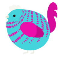 A aqua and fuchsia chicken with a bar pattern