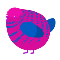 A fuchsia and ultramarine chicken with a bar pattern
