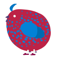 A crimson and sapphire chicken with a speckle pattern