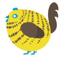 A yellow and bark chicken with a bar pattern