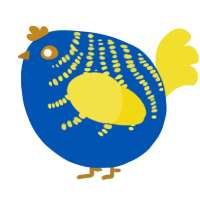 A ultramarine and yellow chicken with a half-bar pattern