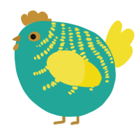 A turquoise and yellow chicken with a half-bar pattern