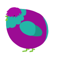 A plum and turquoise chicken with a head pattern