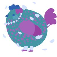 A turquoise and fuchsia chicken with a speckle pattern