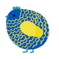 A ultramarine and yellow chicken with a lace pattern