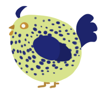 A lemon and navy chicken with a speckle pattern