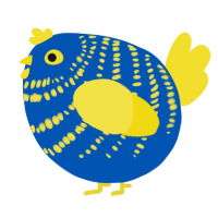 A ultramarine and yellow chicken with a bar pattern