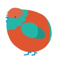 A vermilion and turquoise chicken with a head pattern