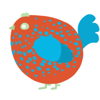 A vermilion and cerulean chicken with a speckle pattern