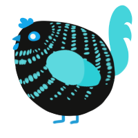 A black and aqua chicken with a bar pattern
