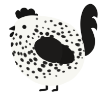 A white and sable chicken with a speckle pattern