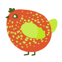 A vermilion and lime chicken with a speckle pattern