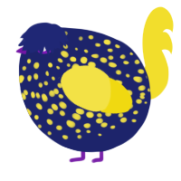 A navy and yellow chicken with a speckle pattern
