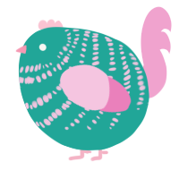 A turquoise and pink chicken with a bar pattern