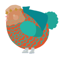A vermilion and turquoise chicken with a lace pattern