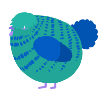 A turquoise and ultramarine chicken with a bar pattern