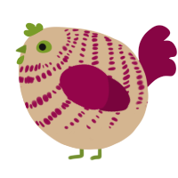 A beige and maroon chicken with a bar pattern