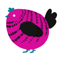 A fuchsia and black chicken with a bar pattern