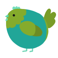 A turquoise and chartreuse chicken with a head pattern