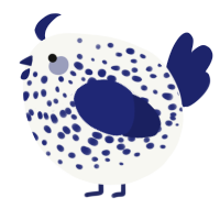 A white and navy chicken with a speckle pattern