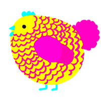 A yellow and fuchsia chicken with a lace pattern