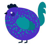 A indigo and teal chicken with a speckle pattern