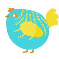 A aqua and yellow chicken with a half-bar pattern