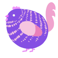 A blurple and pink chicken with a bar pattern