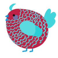 A crimson and aqua chicken with a lace pattern