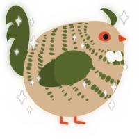 A beige and olive chicken with a bar pattern