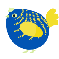 A ultramarine and yellow chicken with a half-bar pattern