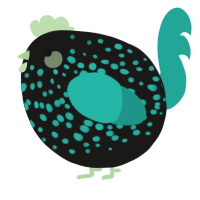 A sable and turquoise chicken with a speckle pattern