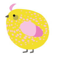 A yellow and pink chicken with a speckle pattern