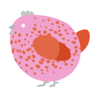 A pink and vermilion chicken with a speckle pattern