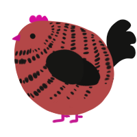 A red and black chicken with a bar pattern